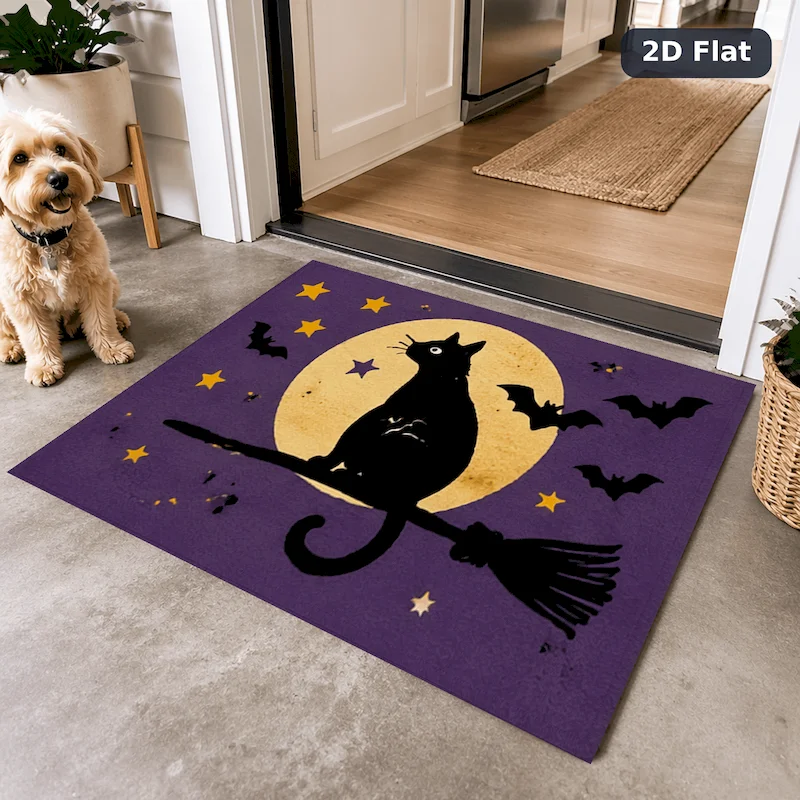 VIKAMA Halloween Black Cat Printed Floor Mat, Entrance Anti Slip Carpet, Bedroom Bedside Soft Floor Mat, Home Decoration