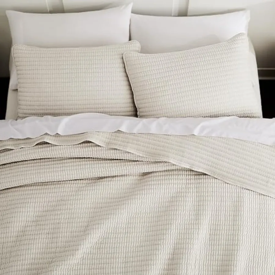 

Pick Stitch Size Quilt Set Striped Lightweight Soft Summer Spring Bedspread Bamboo Linen Like Textured Coverlet Farmhouse Count