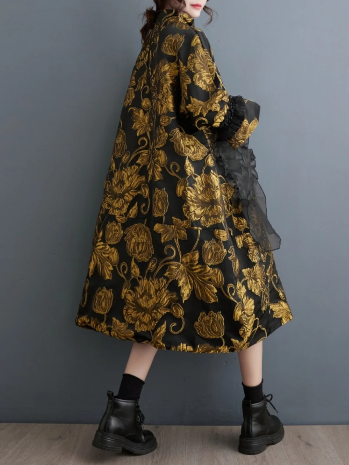 เดรสผู้หญิงทรงเอ แขนยาว ลายปักดอกไม้ สองชั้น สำหรับฤดูใบไม้ร่วงและฤดูหนาว ทรงหลวม เอวสูง ดีไซน์เกาหลี ช่วยพรางหุ่น