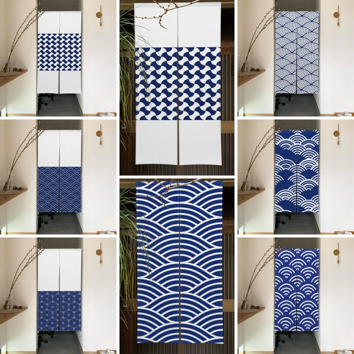 Noren Curtain Doorway - Japanischer Leinen-Noren mit Blau-Weißem Wellenmuster, Geometrischer
