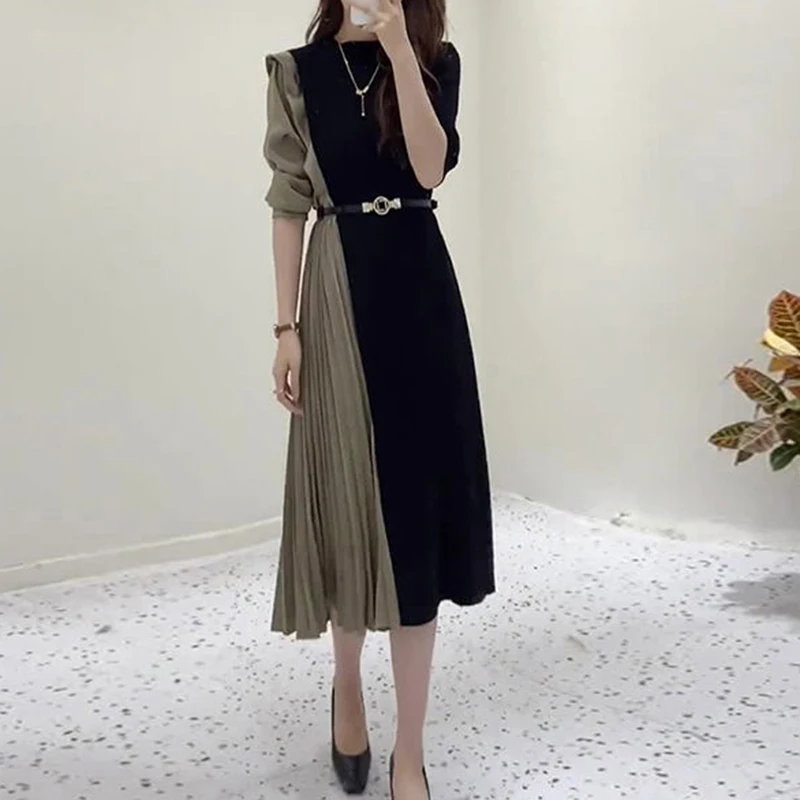 Female French  high-end splicing mid length waist cinched pleated skirt  long dresses for women  vestido