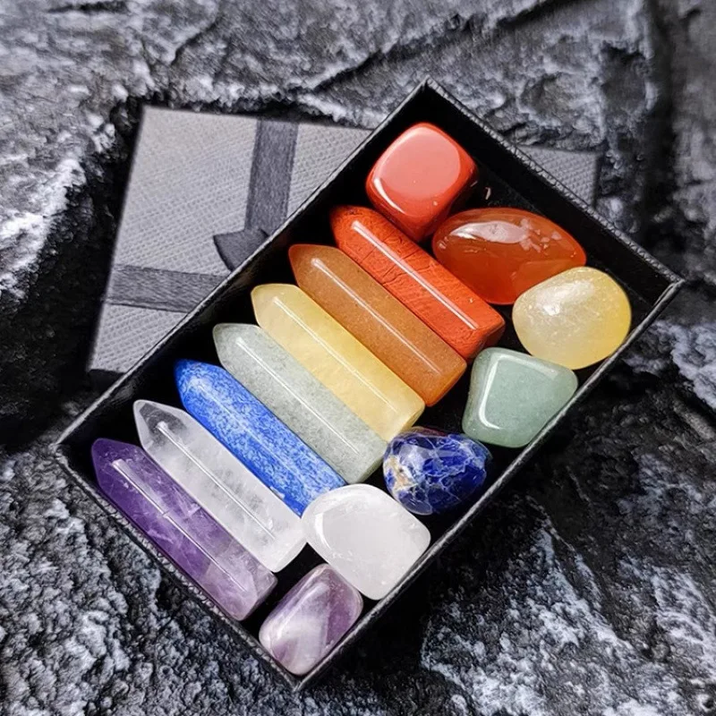 Seven Chakras Tower Tumbled Stones Set Rose Quartz Angel Statue Natural Crystal Healing Kit Reiki Balancing Stones Gift Box