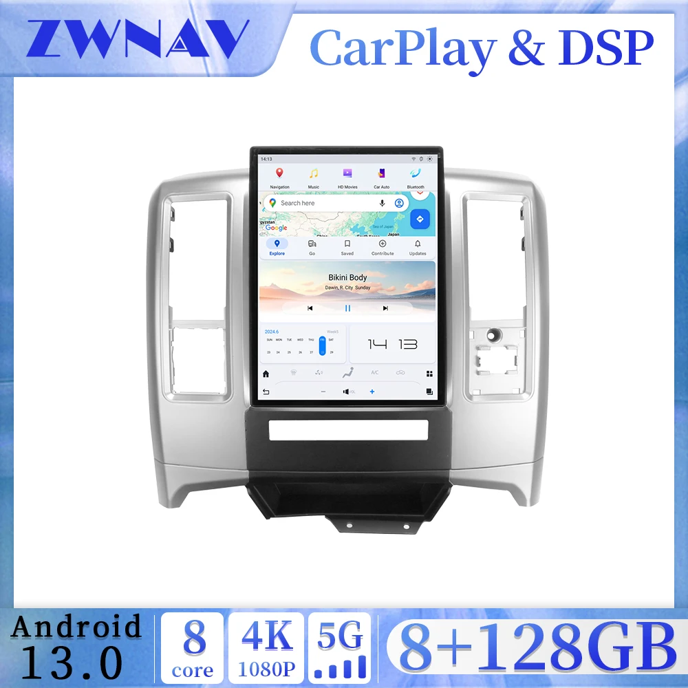 

13,8-дюймовый Т-образный экран 8 + 128 ГБ для Dodge RAM 2008-2018 Android 13 плеер автомобильный GPS-навигатор авто аудио радио стерео головное устройство