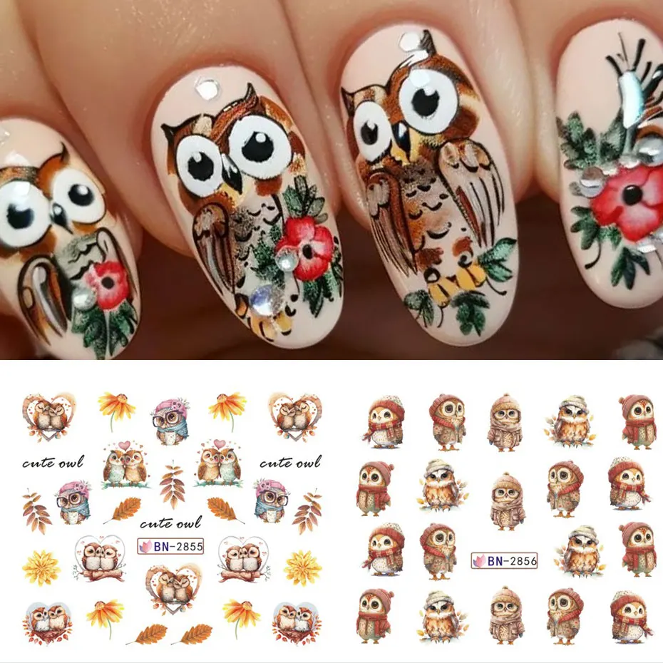 12Design Autunno Animale Nail Art Acqua Adesivo Cartoon Gufo Scoiattolo Volpe Riccio Trasferimento Slider Autunno Tema Frutta Manicure Decor