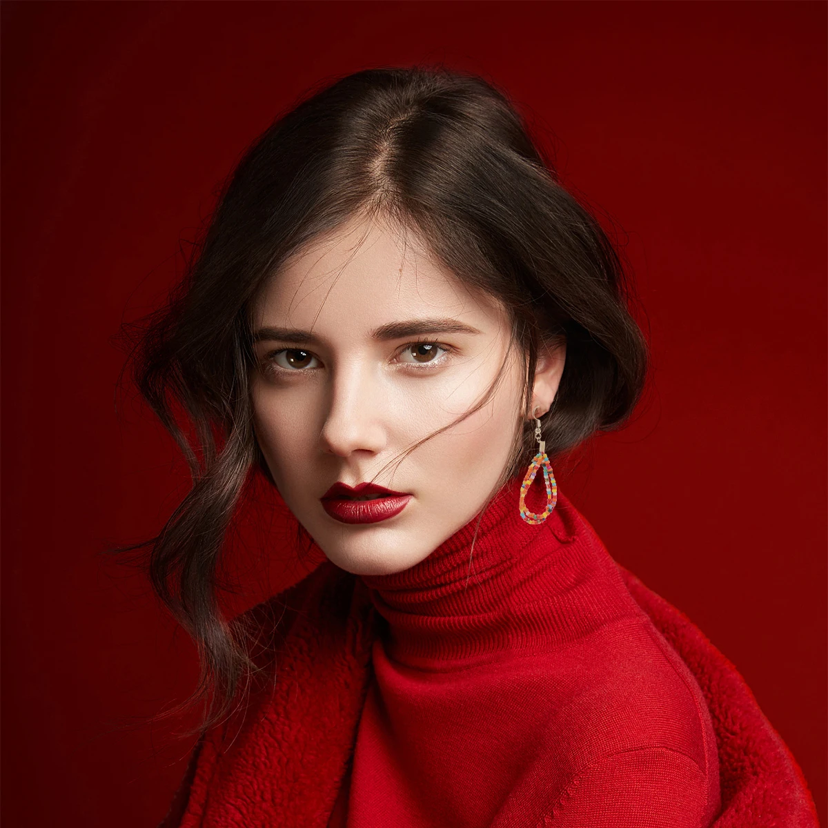 

1pc 1 Set Bohemian Style Earrings Kit Multi-Layered Rice Bead Necklace Creative Fashion Neck Jewelry Earbob For Women Orange