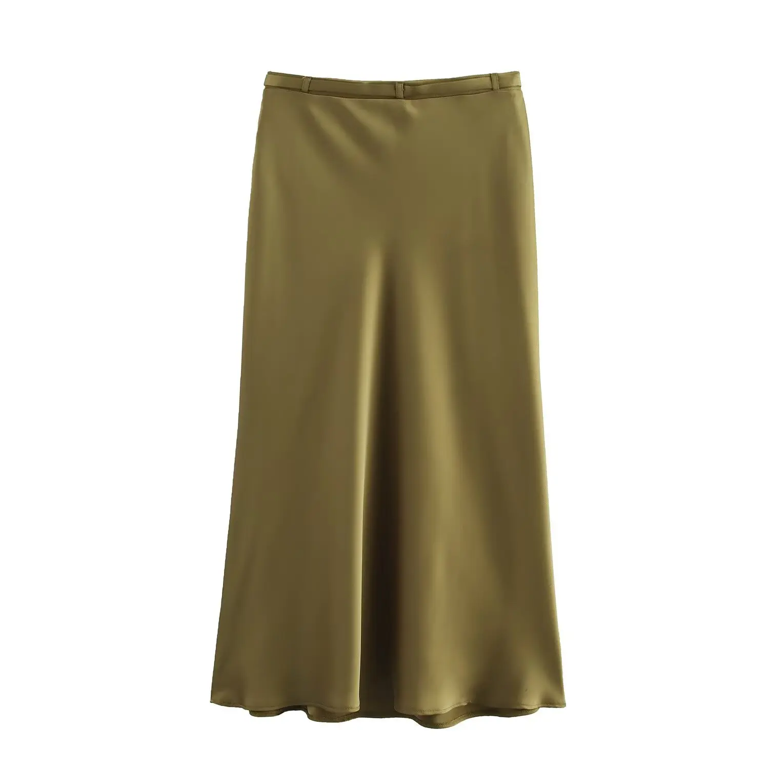 Women's Satin Midi Skirt, Dark Olive Green Satin Long Skirt, Urban Office Ladies Dark Olive Green High Rise Skirt, ZA Women 2025