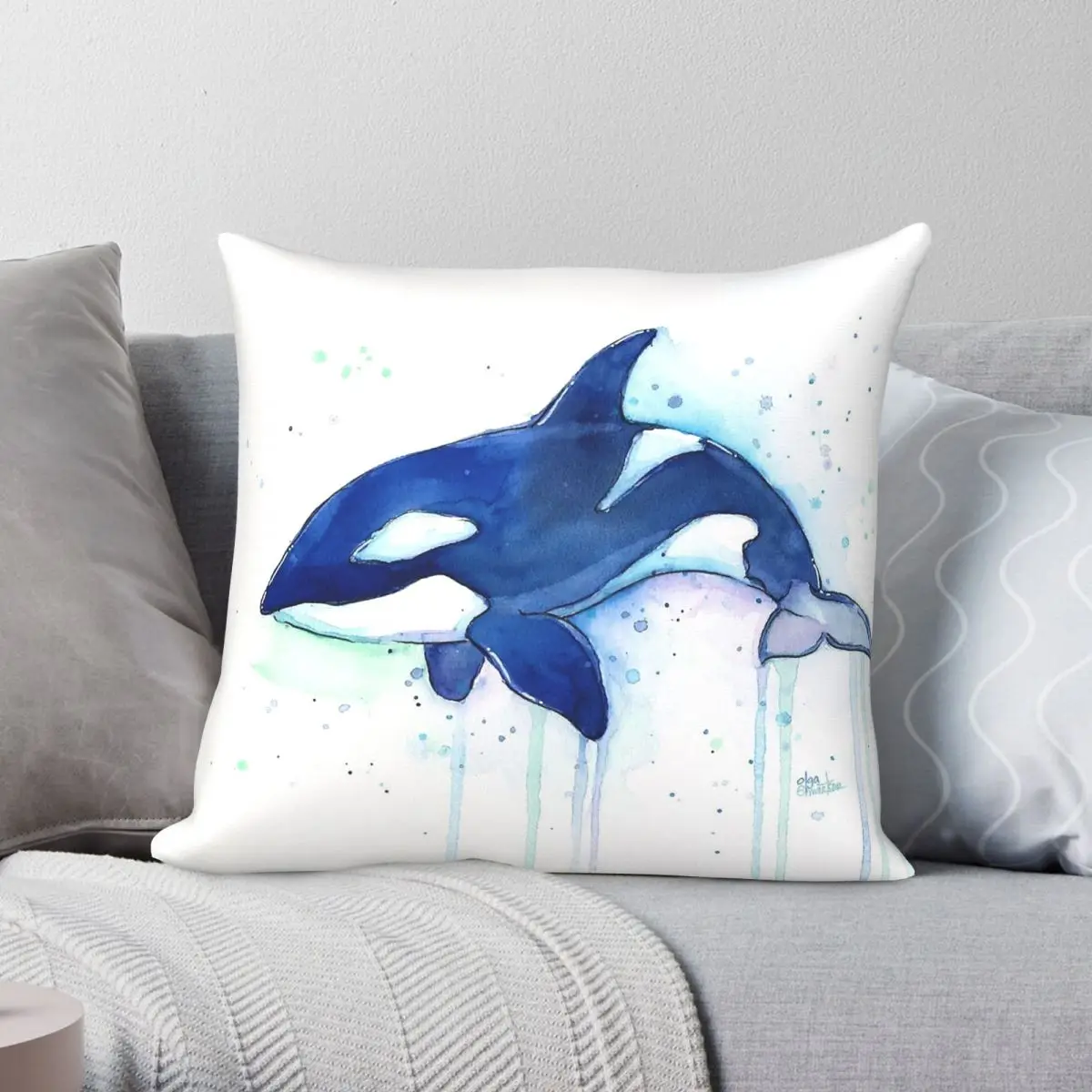 Killer Whale Orca Watercolor Square Pillowcase Polyester Linen Velvet Pattern Zip Decor Throw Pillow Case Home Cushion Cover 18