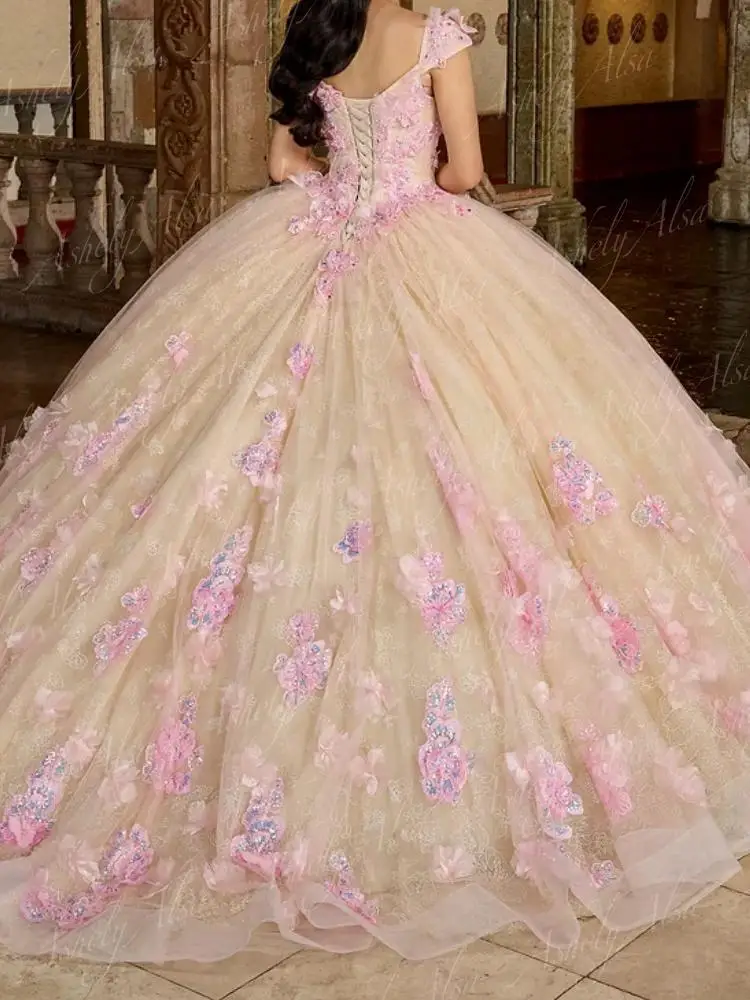 Aa533 personalizado princesa vestidos de festa de aniversário 2025 v pescoço 3d floral vestido de baile xv anos doce 16 quinceanera baile