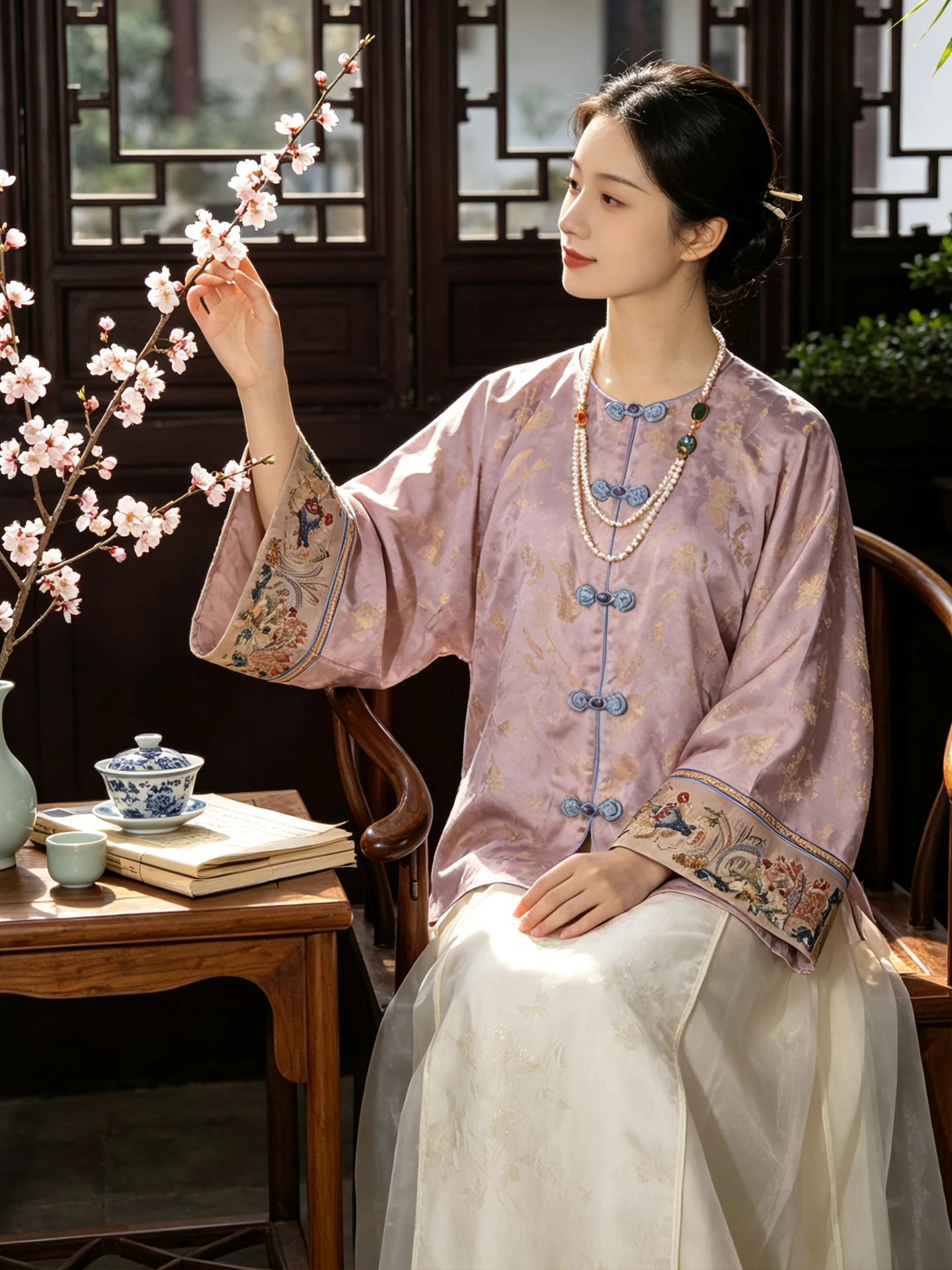 New Chinese Style Long Sleeve Embroidered Silk Jacket Women's Tea Costume Spring Autumn Commuter Fashion Gold Embroidery