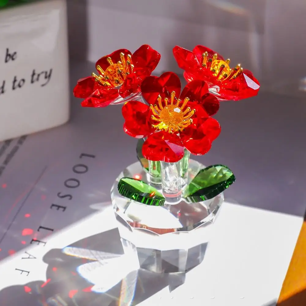Handcraft Crystal Flower Statue Ornament Clear Base Mini Glass Flower Sculpture Shiny Reflect Tabletop Plants Suncatcher