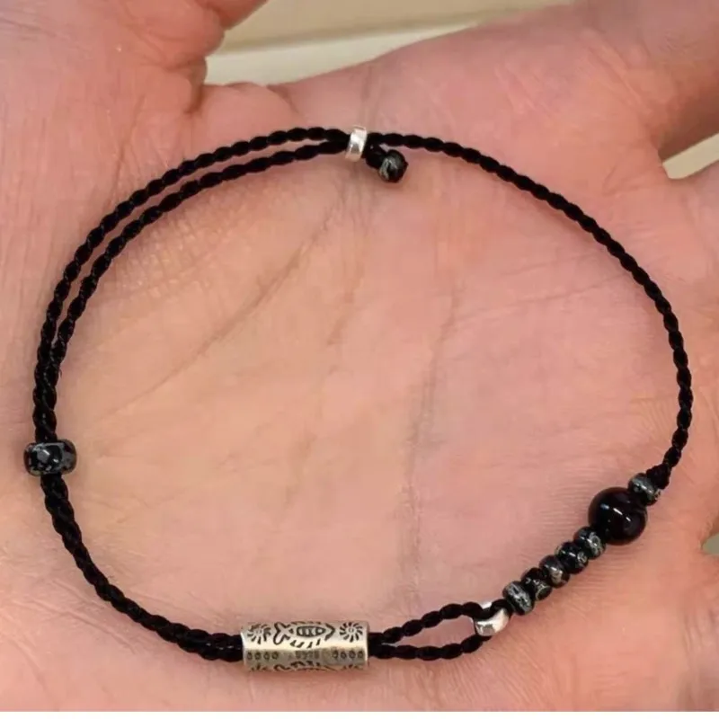 925 Sterling Silver Snowflake Obsidian Black String Bracelet for Women Fish Beads Asymmetric Jewelry Gift Dropshipping