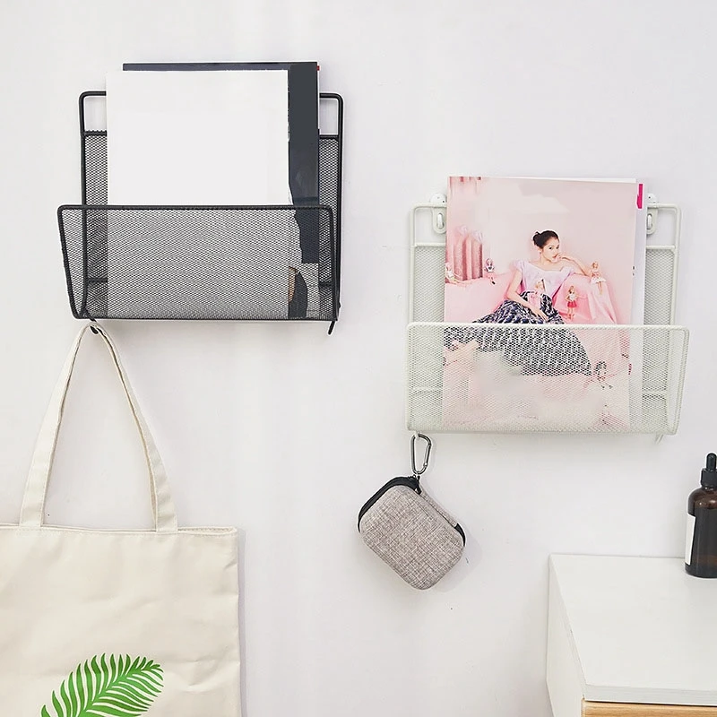 Iron Book Rack Metal Newspapers Rack Wall Mounted Bookshelf Wall Storage Shelves Office Simple Style