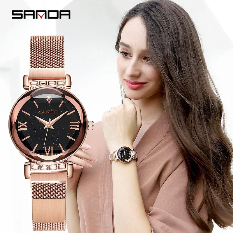 

SANDA Luxury Roman Numerals Rose Gold Mesh Stainless Steel Magnetic Watch Age Girl Watch Leather Romantic Fashion Reloj Mujer