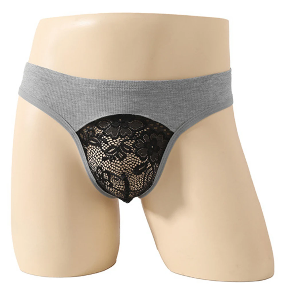 Sexy See Through Men Exquisite Lace Bulge Pouch Briefs Bikini Low Waist Underwear Man Fashion G-String Thongs