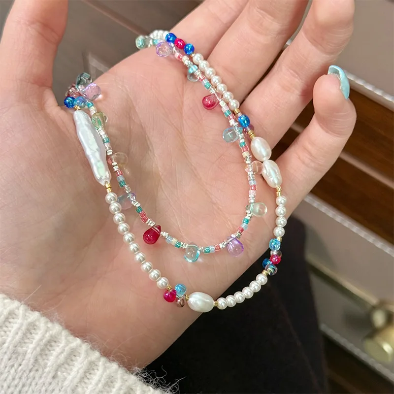 

New Fashionable Temperament Versatile Colorful Freshwater Pearl Stacking Necklace Light Luxury High-end Clavicle Chain for Women