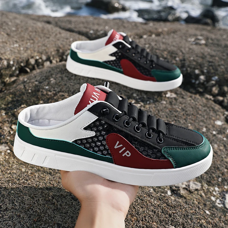 Mesh Half Shoes For Men Mules Closed Toe Sandals Summer Backless Loafers Slippers Man Slides 2025 Semi-Drag Casual Board Shoes