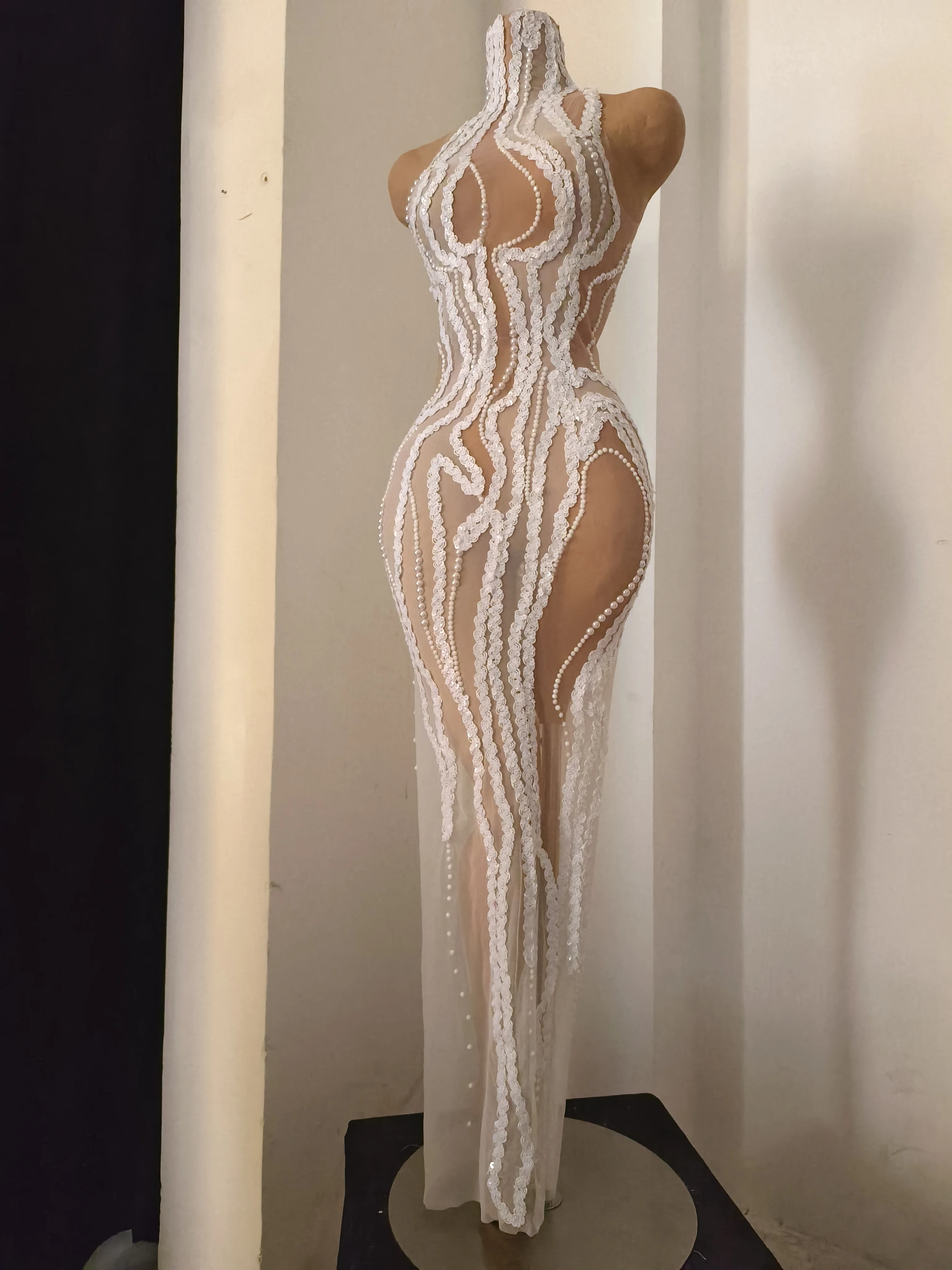 Damen Sexy Funkelndes Pailletten-Kleid Weißes Mesh Durchsichtiges Langes Geburtstagsparty Bühnenoutfit Nachtclub-Performance-Kostüm