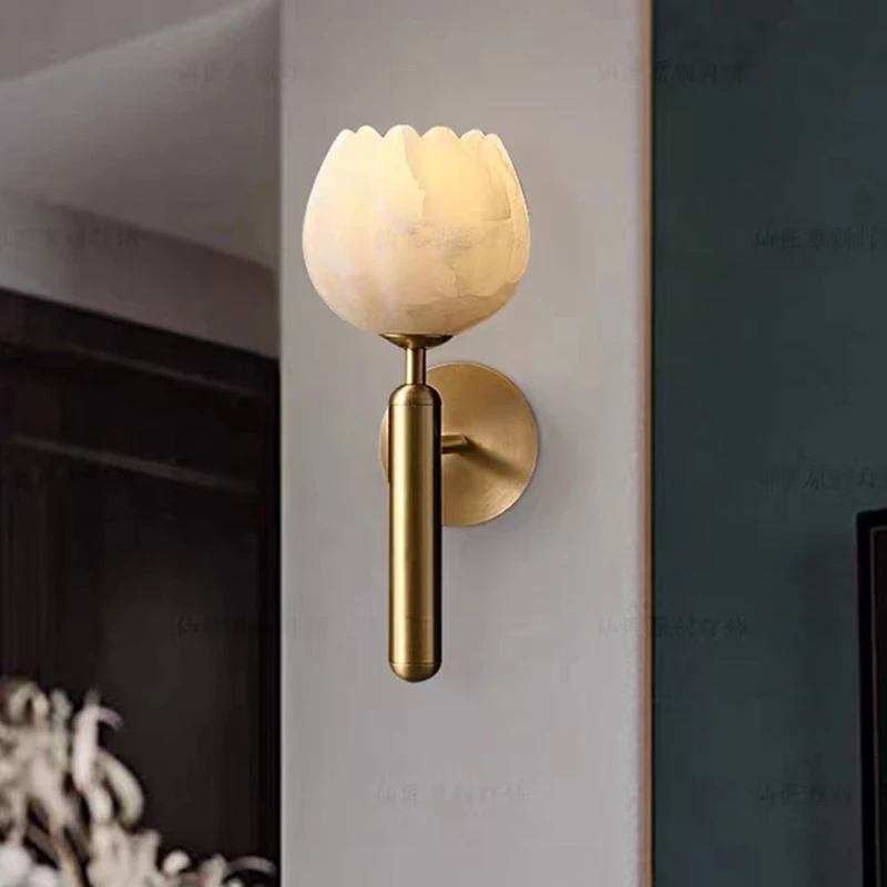 Imagem -02 - Art Deco Luz de Parede de Mármore Natural Forma de Flor Lâmpada de Latão Luminárias Salão Quarto Escadas Corcorredor E14 Dropshipping