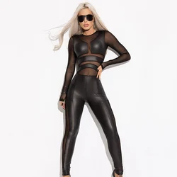Bonboho Black Mesh Patchworked Tight Jumpsuit 2024 New Round Neck Long Sleeve Sexy See-through Sports High Waist One-piece Suit