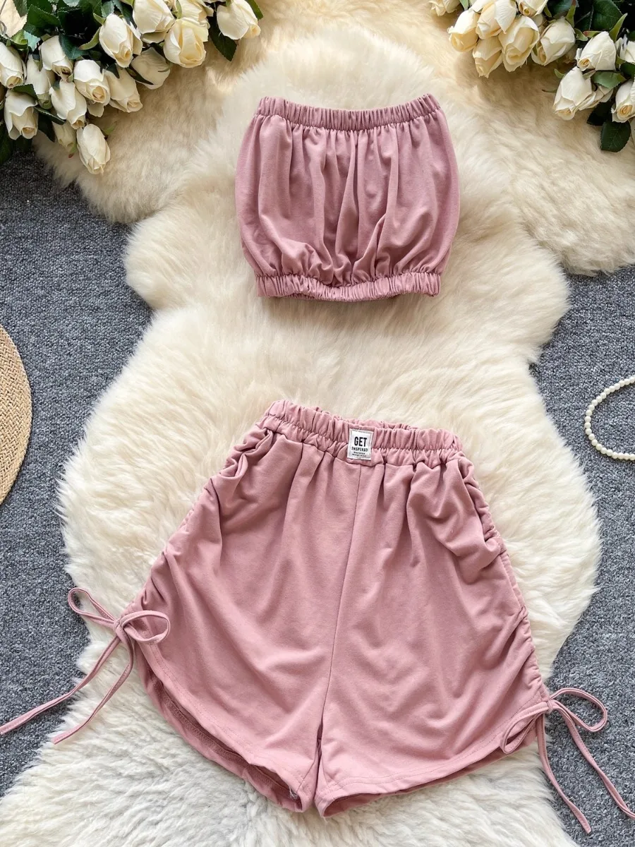 Foamlina Dopamine Pure Desire abgeschnittenes Bandeau-Top für Damen, Sommer, elastische Taille, weites Bein, Kordelzug, Shorts, zierliches zweiteiliges Set