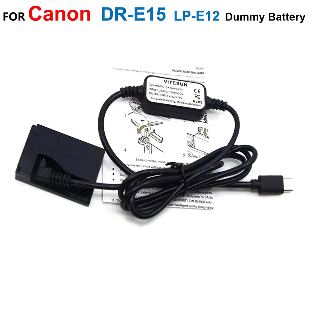 

CA-PS700 USB Type-C Power Cable+DR-E15 LP-E12 Dummy Battery DC Coupler For Canon EOS 100D Kiss X7 Rebel SL1 SX70HS Camera