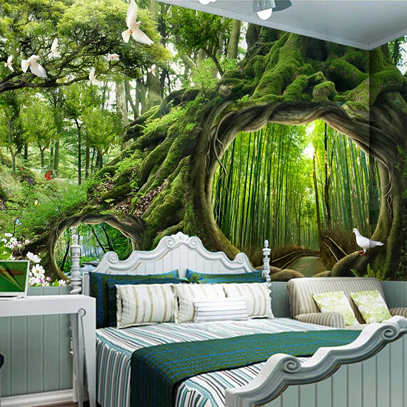 Custom Size Photo Wallpaper Green Virgin Forest Tree Hole Stereoscopic Wall Painting Living Room Bedroom TV Background Murals 3D