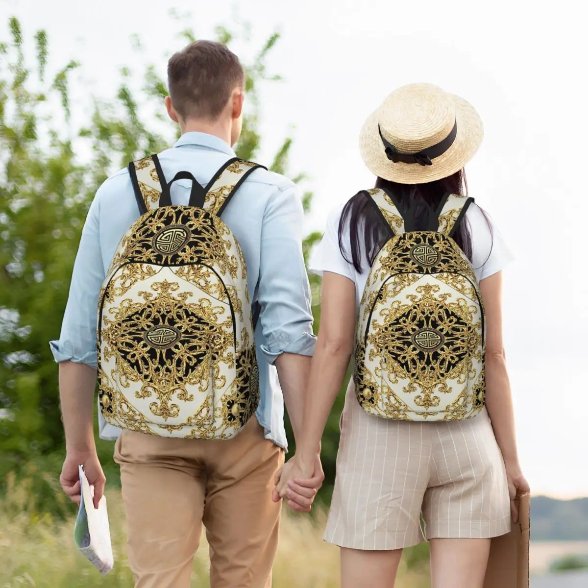 Greek Key Diamond Ornate Baroque Student Backpack School Bag Hiking Travel Daypack for Men Women Bookbag Shoulder Bags
