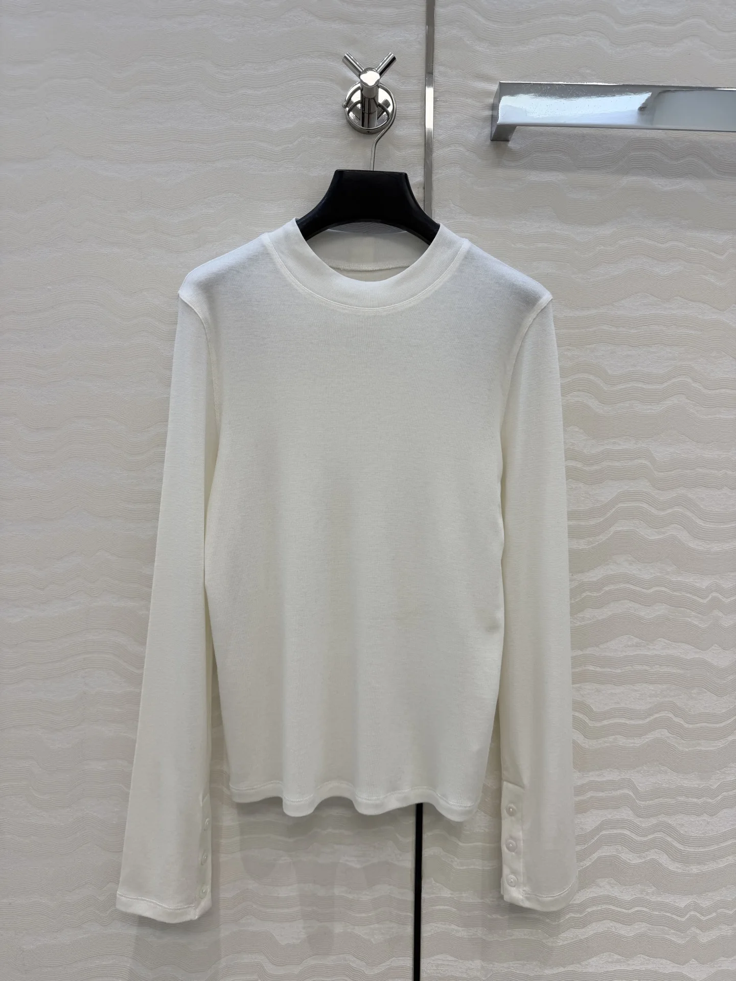 Women Low Neck Wool Base Top Slim Minimal Layering Shirt Shell Button Slit Cuff Lenzing Wool Blend Soft Knit Tee