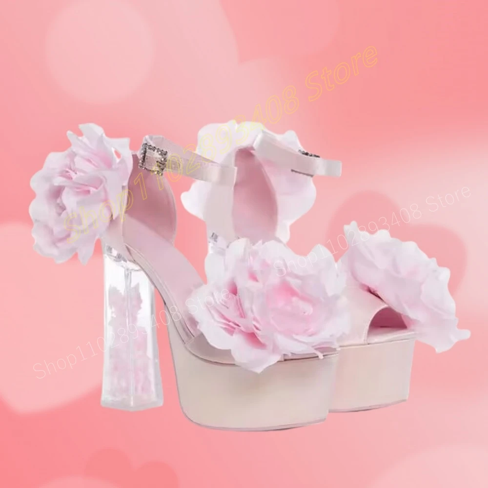 Różowe sandały na platformie Sweet Rose Flower Clear Chunky High Heel Ankle Buckle Fashion Elegant Women Shoes 2024 Zapatos Para Mujere