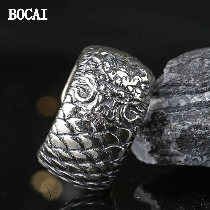 

BOCAI New S925 Sterling Silver Vintage Bat Zodiac Sign Adjustable Rotatable Ring Men's Holiday Gift