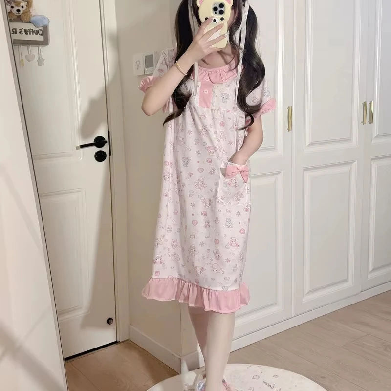 

Sanrio My Melody Women's Summer Leisure Sleeping Skirt Kawaii Cartoon T-Shirt Sleeping Pajamas Long Skirt Home Clothes New Style