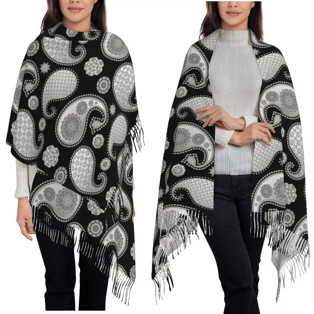 

Серебристо-серый на черном шарфе с узором пейсли, шарфы с кисточками, женские мягкие теплые шали и накидки, большая осенне-зимняя шаль