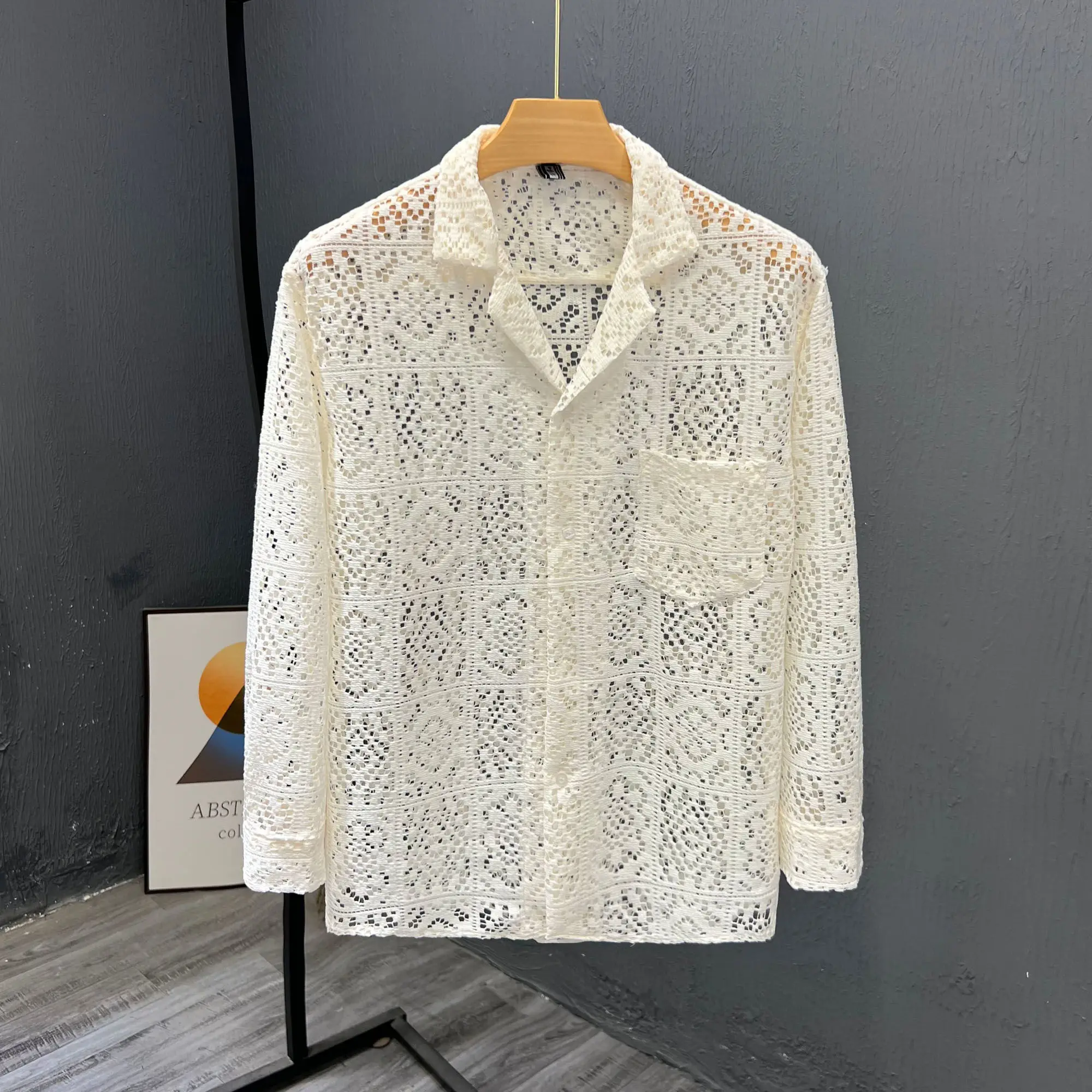 2025 Men New Summer Long-sleeved Jacket Hollow Trendy Top Thin Cool Breathable Shirt