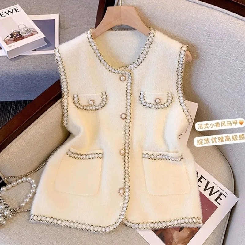 Xiaoxiangfeng chaleco francés primavera y otoño nuevo chaleco versátil 2025 Top moda imitación visón cárdigan chaqueta sin mangas