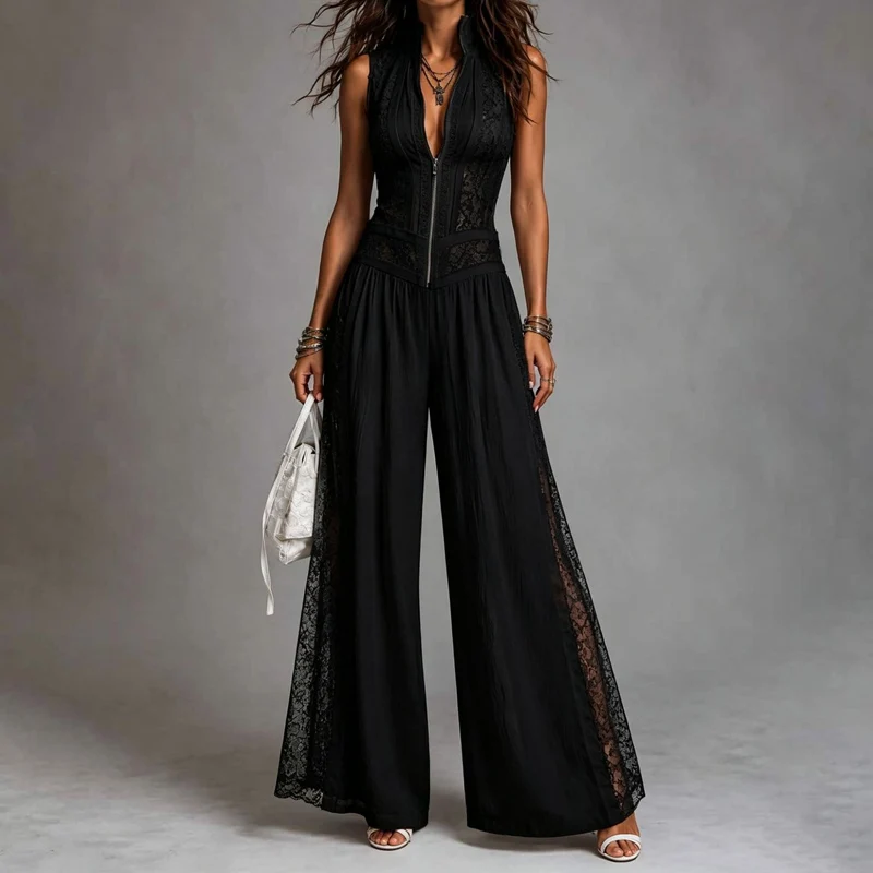 Spring Stand Collar Zipper Patchwork Playsuit Rompers Women Embroidery Lace Hollow Jumpsuits Summer Sleeveless Wide Leg Overalls