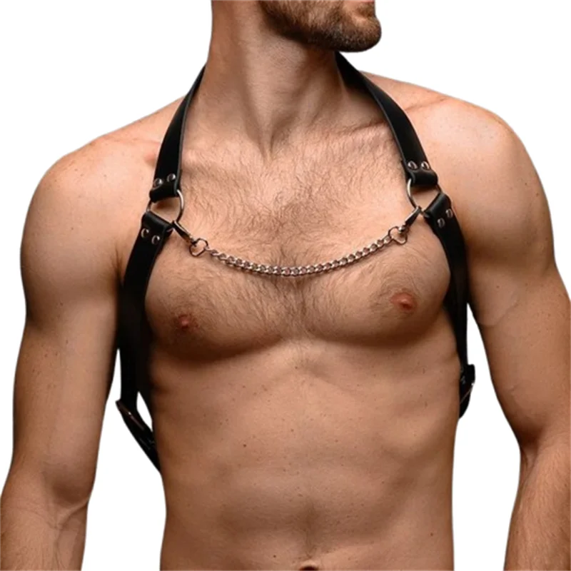 Mens Fetish Leather Chest Harness Chain Belts Sexual Male BDSM Body Straps Lingerie Fashion Punk Rave Gay Harness Accessories