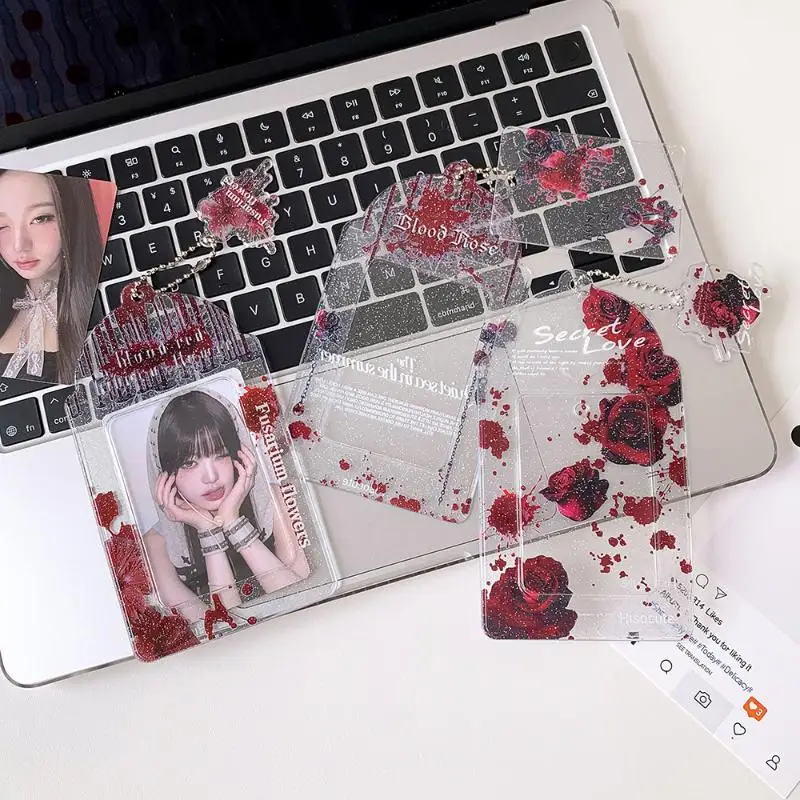 Gothic Blood Rose Acrylic Photocard Holder Kpop Idol Photo Card Case Keychain Small Card Backpack Pendant Card Protection Set
