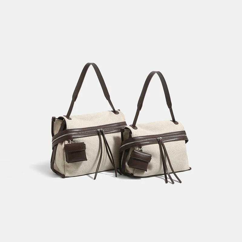 Cotton Linen Splicing Crossbody Shoulder Bag,Women Zipper Closure Colorblock Handbag,Large Capacity Elegant Chic Messenger Bag
