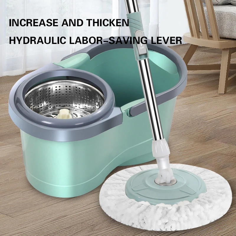 Thickened Double-Drive Mop Bucket with Stainless Steel Spin-Dry, Hands-Free Cleaning, Suitable for Both Dry and Wet Mopping.