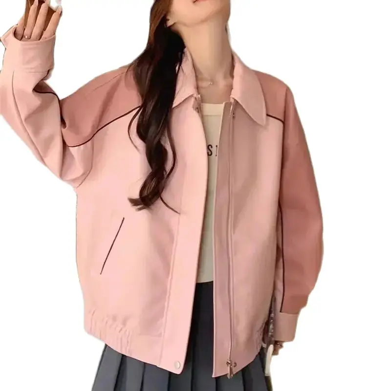 Veste courte en cuir pour femme, manteau rose, petit et doux, style cool, réduction de l'âge à la mode, WF, printemps et automne, nouveau, 2024