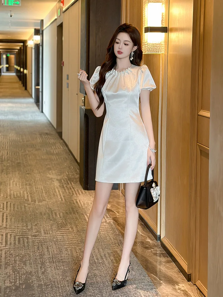 Guangzhou Women's New Summer Style French Satin Glossy Pearl Round Neck Slim A-Hem Dress