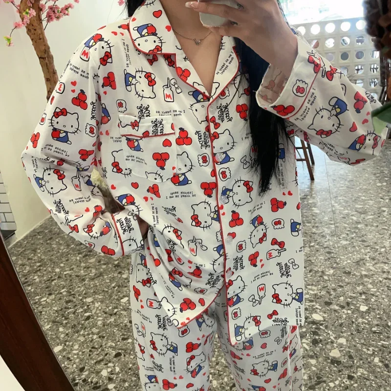 Cartoon Sanrio pajamas loose casual silk pajamas women\'s loungewear cute loose two-piece set Hello Kitty women\'s pajamas