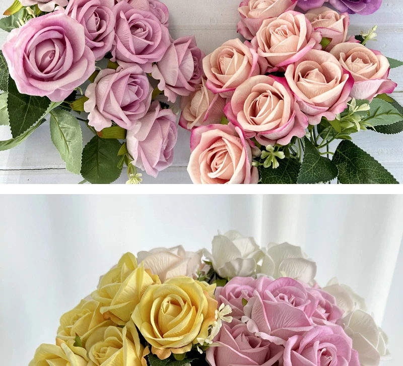 9-köpfiger Seidenrosen-Kunstblumenstrauß, Deko-Blumenarrangement für Zuhause, Tischvase, Foto-Requisite, Valentinstagsgeschenk – Detail 9