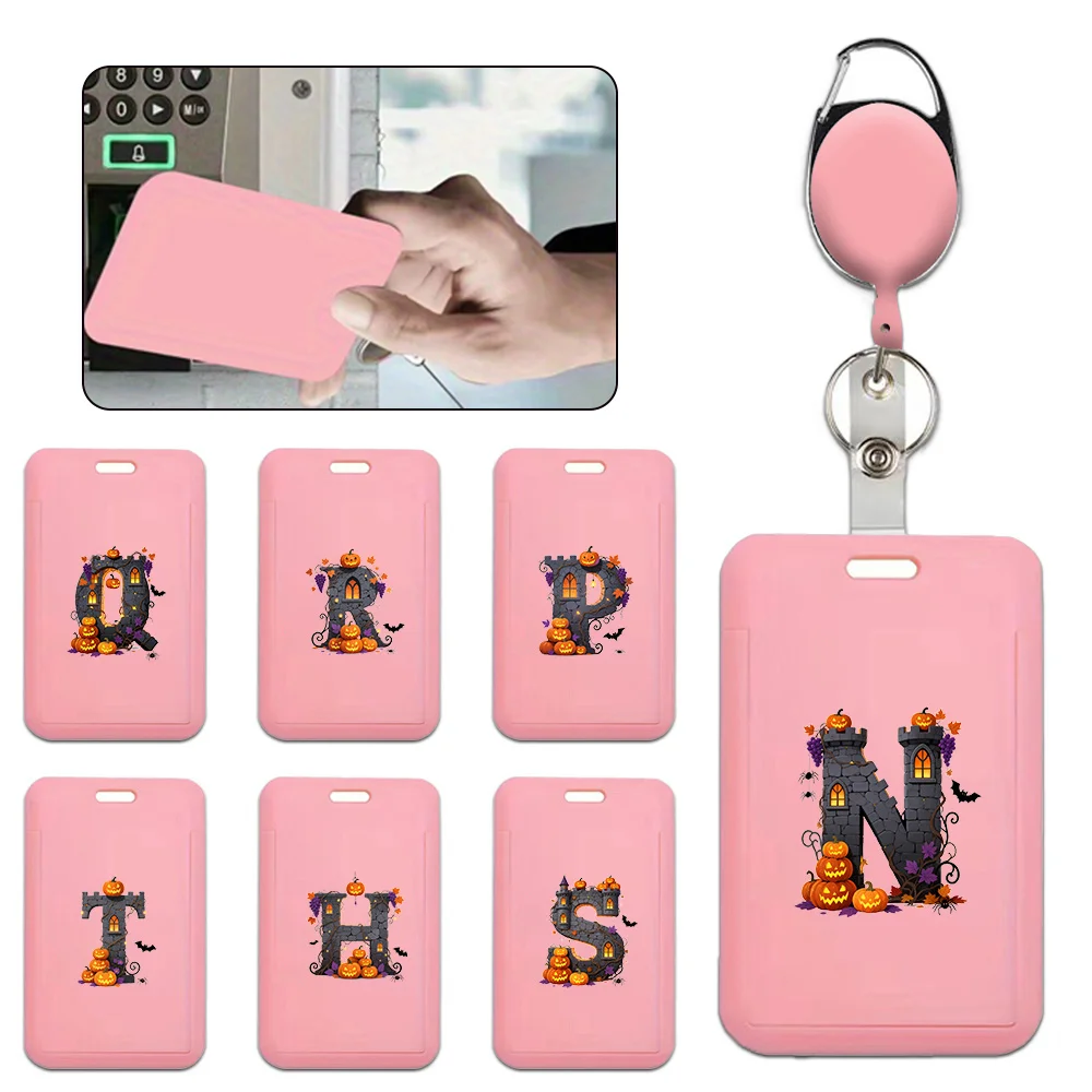 

Plastic Dustproof ID Card Protective Sleeve Colorful Employee Badge Holder with Retractable Clip Halloween Letter Pattern