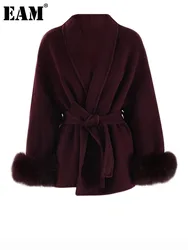 [EAM] Wine Red Fur Cuff Big Size Belted Woolen Coat New Lapel Long Sleeve Women Jacket Fashion Tide Autumn Winter 2024 CPG2347