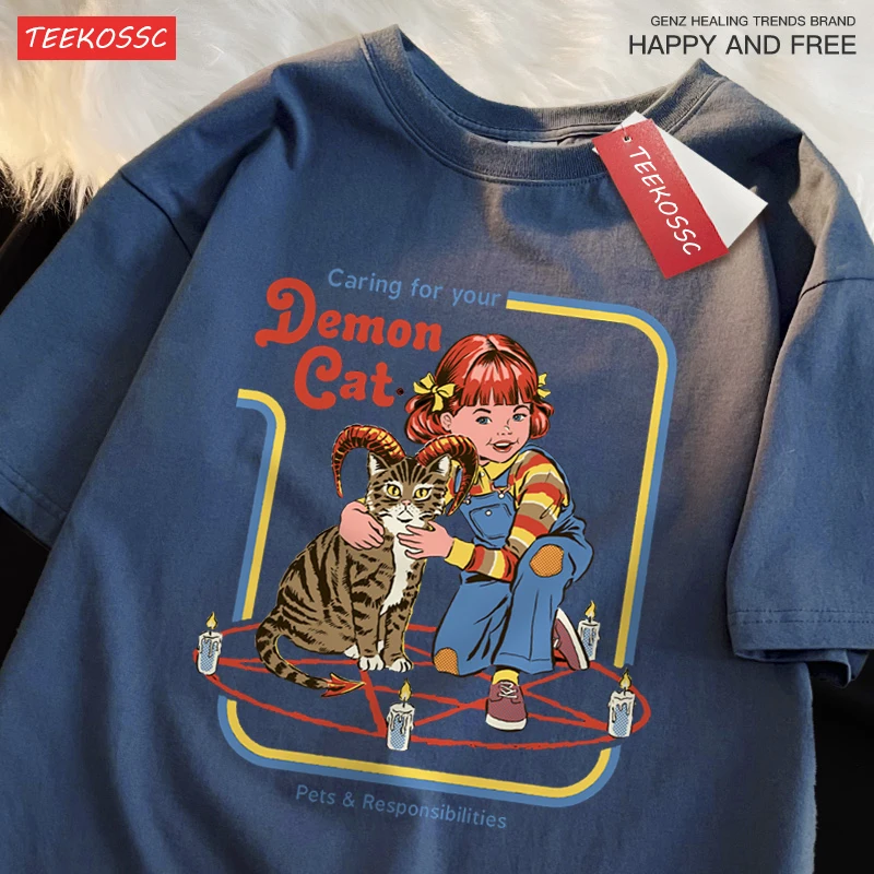 رعاية شيطانك القط بلايز الذكور موضة القطن تي شيرت فضفاض المحملة الملابس Harajuku عادية المتضخم زوجين بلايز الشارع الشهير #3