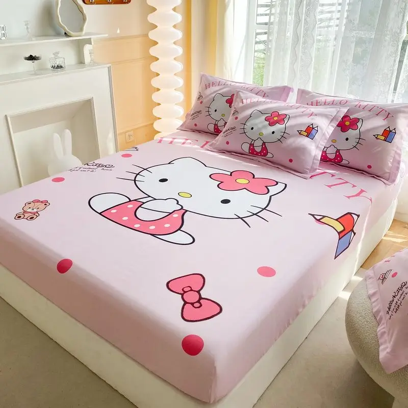 Sanrio Hello Kitty Fitted Sheet Without Pillowcase Cartoon Women Bed Cover Nonslip Mattress Cover Soft Bedding Brushed Protector