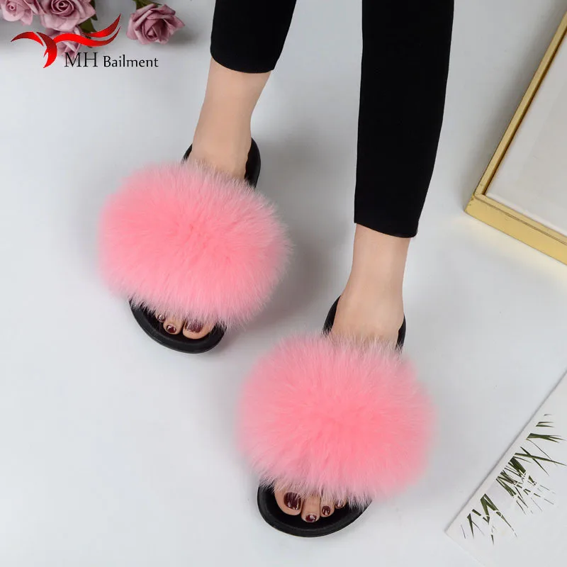 Women Summer New Real Fox Fur Slippers Indoor And Outdoor Fashion Furry Flat  Slides Raccoon Fur Beach Fashion Furry  Shoes