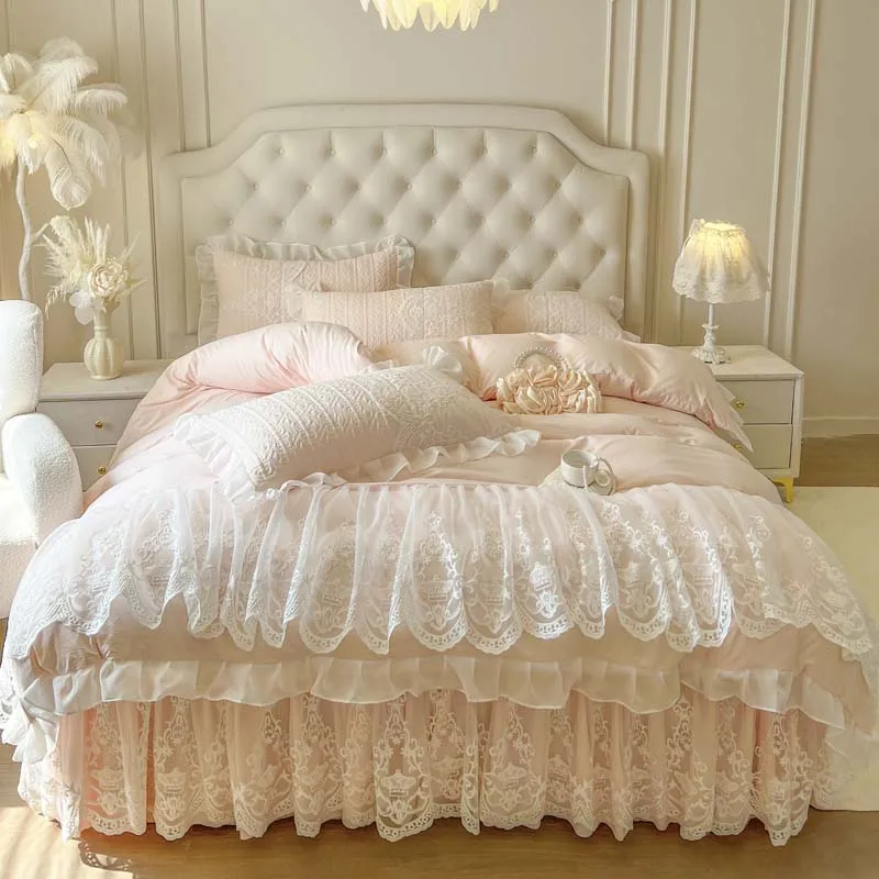 4/6Pcs Pink Princess Wedding Lace Embroidery Korean Style Bedding Set King Queen Size Duvet Cover Bed Skirt Bedspread Pillowcase