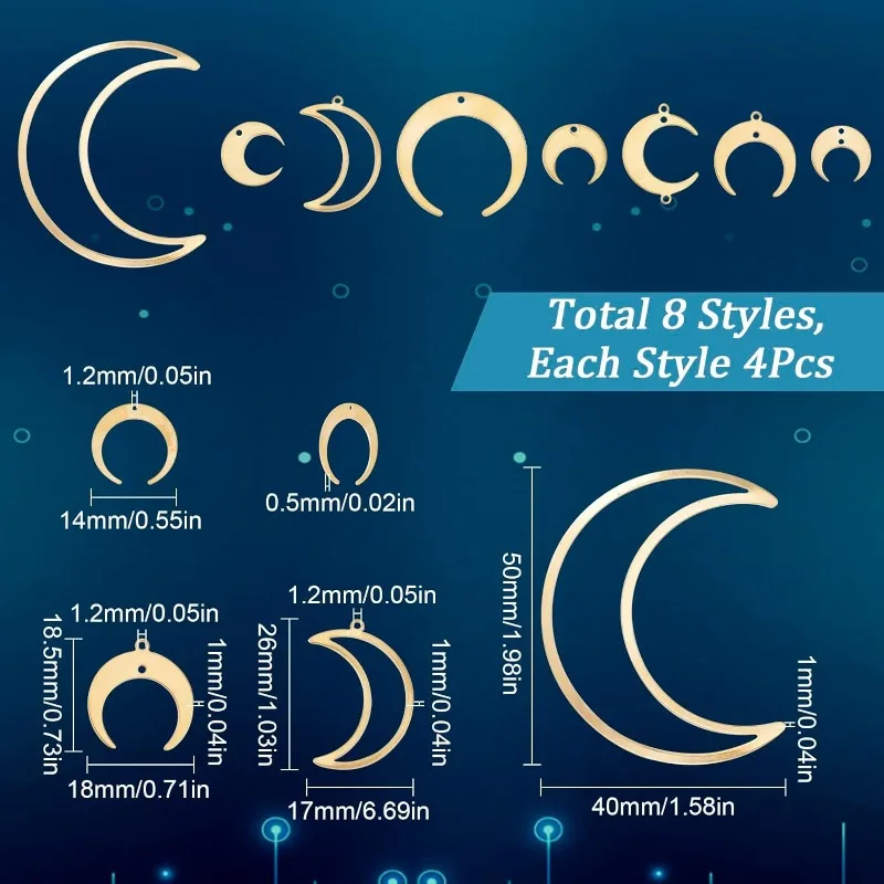 1 Box 32Pcs Moon Charms Crescent Charms Brass Moon Planet Charm Double Sided Golden Resin Charm Frame Open Bezels Moon Linking